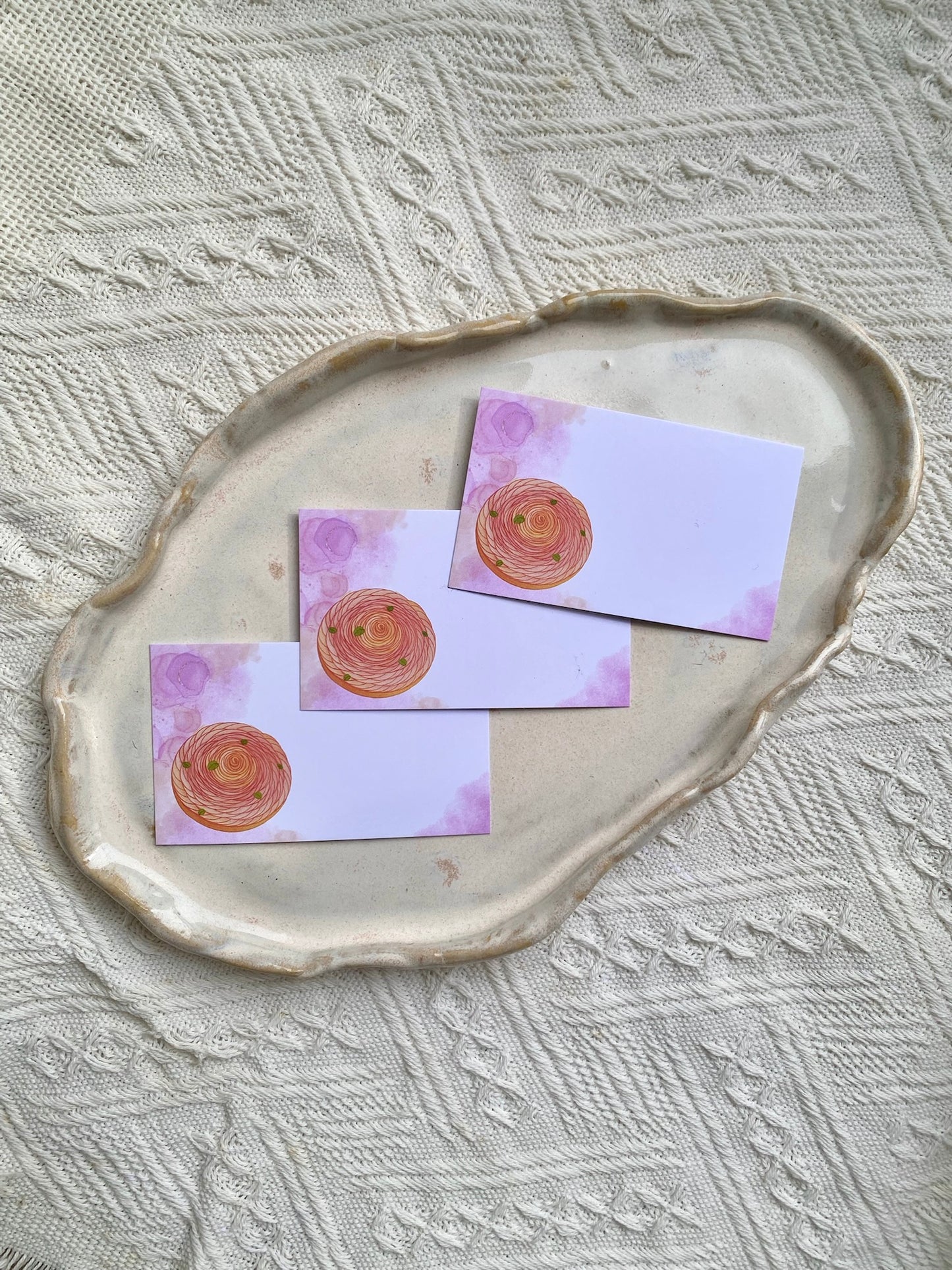 Apple rose tart illustrated notecards on white cloth
